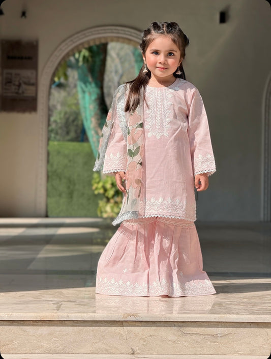 Girls Designer Doriya Cotton Gharara Set With Kiran Border Hand-Paint Duppata