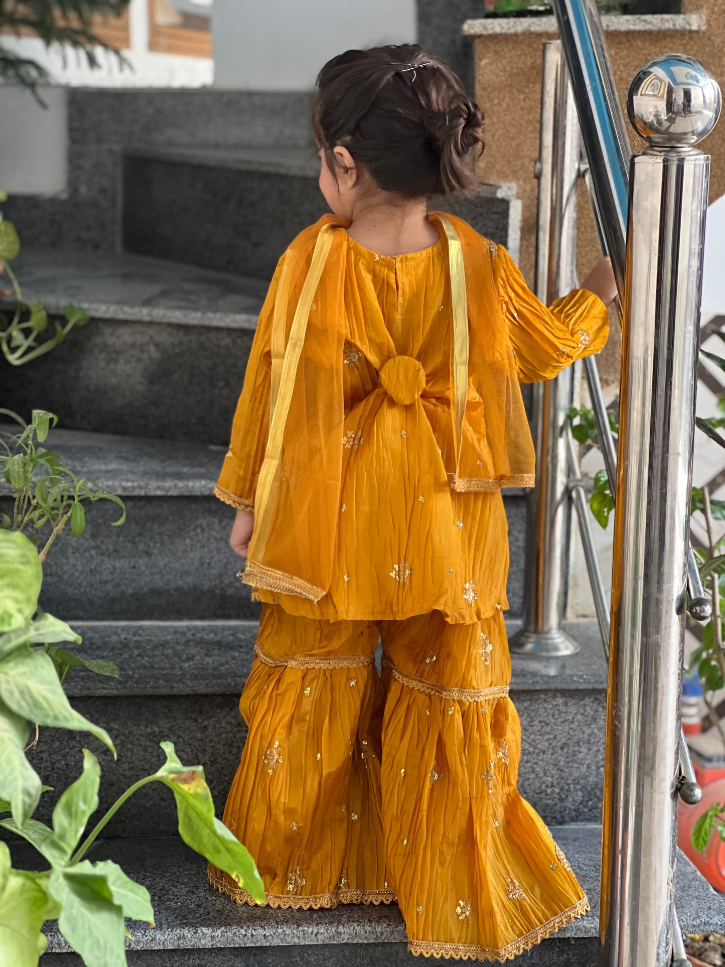 Mustard Gharara Set – 3P Katan Silk Base with Golden Embroidery