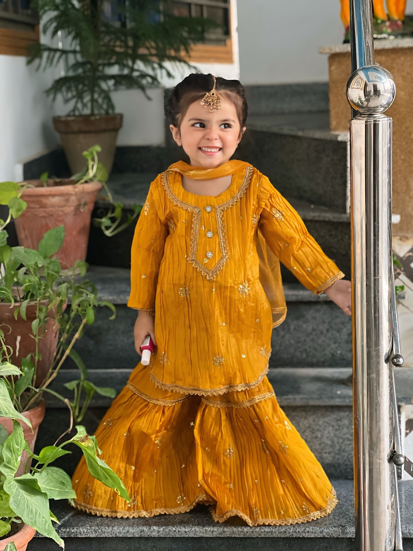 Mustard Gharara Set – 3P Katan Silk Base with Golden Embroidery