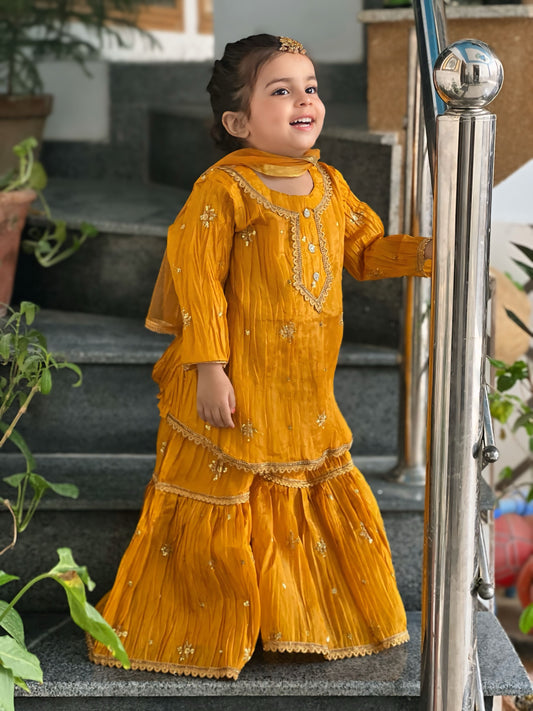 Mustard Gharara Set  – 3P Katan Silk Base with Golden Embroidery