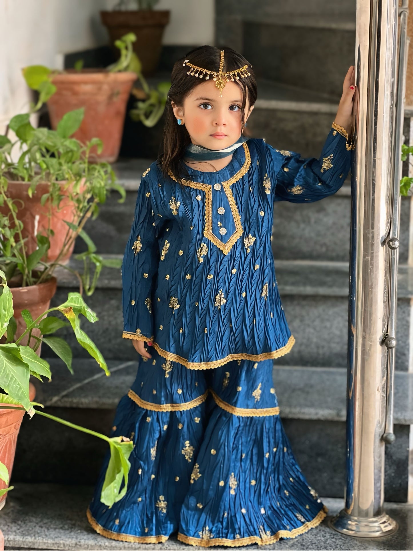 Zinc Gharara Set – 3P Katan Silk Base with Golden Embroidery