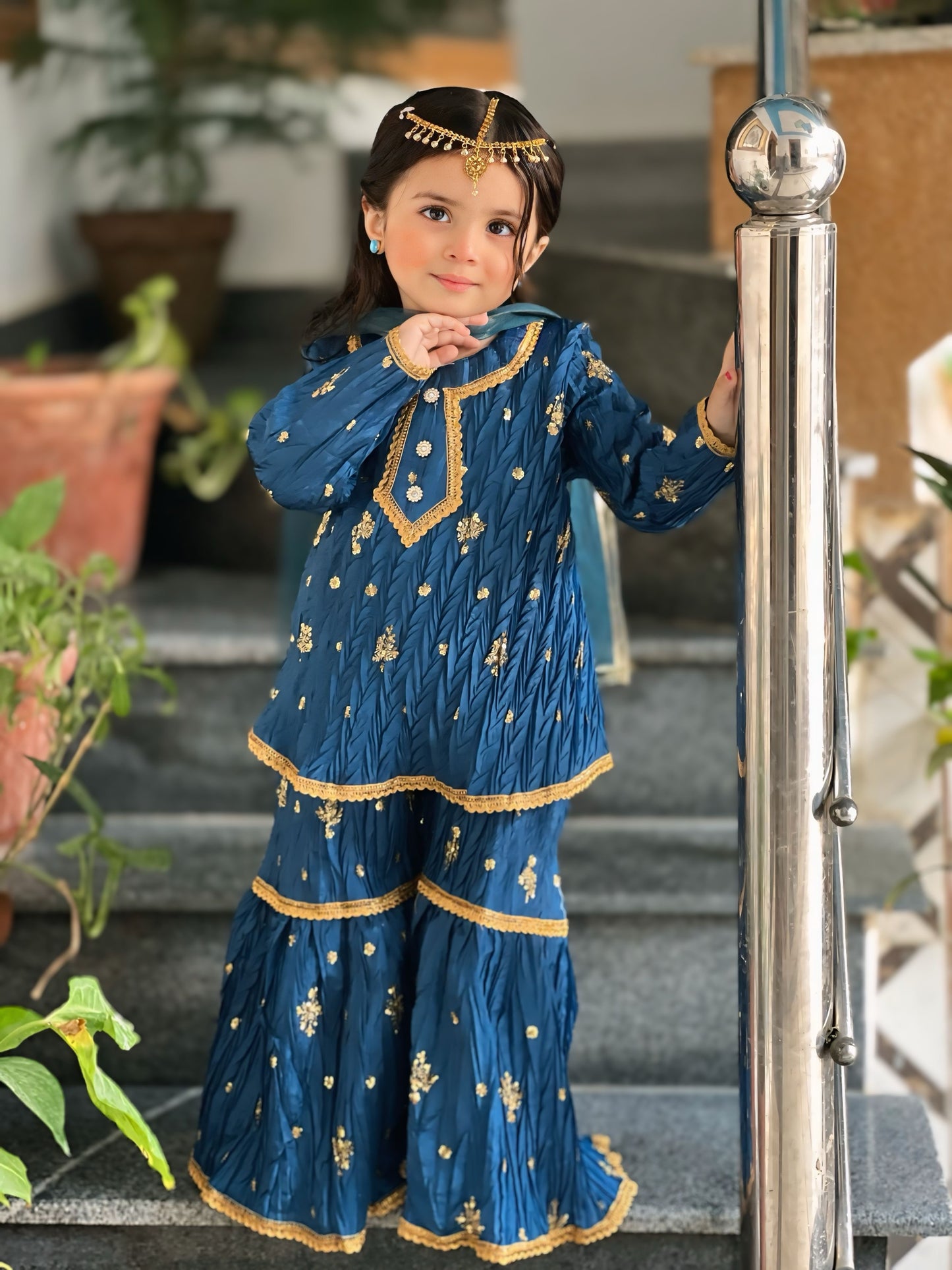 Zinc Gharara Set – 3P Katan Silk Base with Golden Embroidery