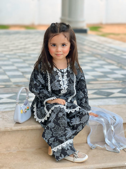 Black Printed Farshi Shalwar 3P Set – Premium Lawn(Deen Textile)