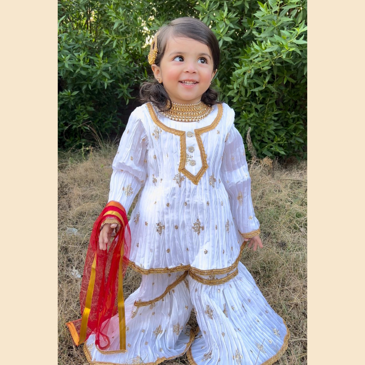 White Gharara Set – 3P Katan Silk Base with Golden Embroidery