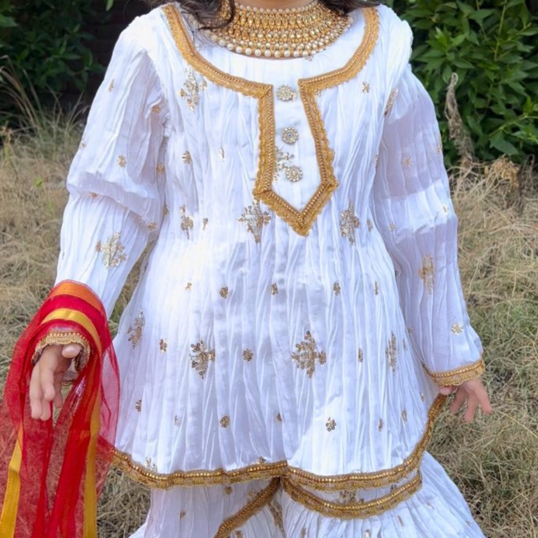 White Gharara Set – 3P Katan Silk Base with Golden Embroidery