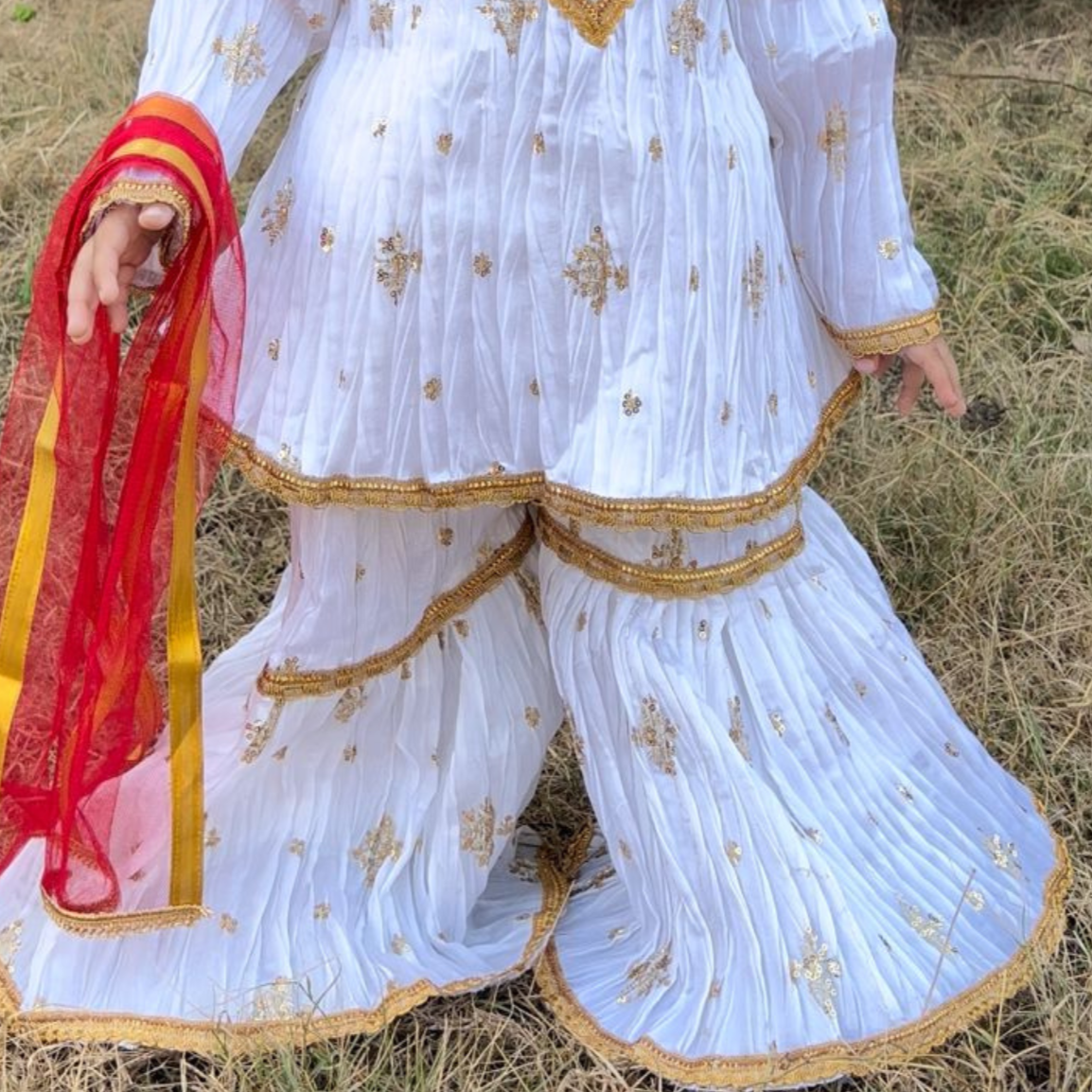 White Gharara Set – 3P Katan Silk Base with Golden Embroidery