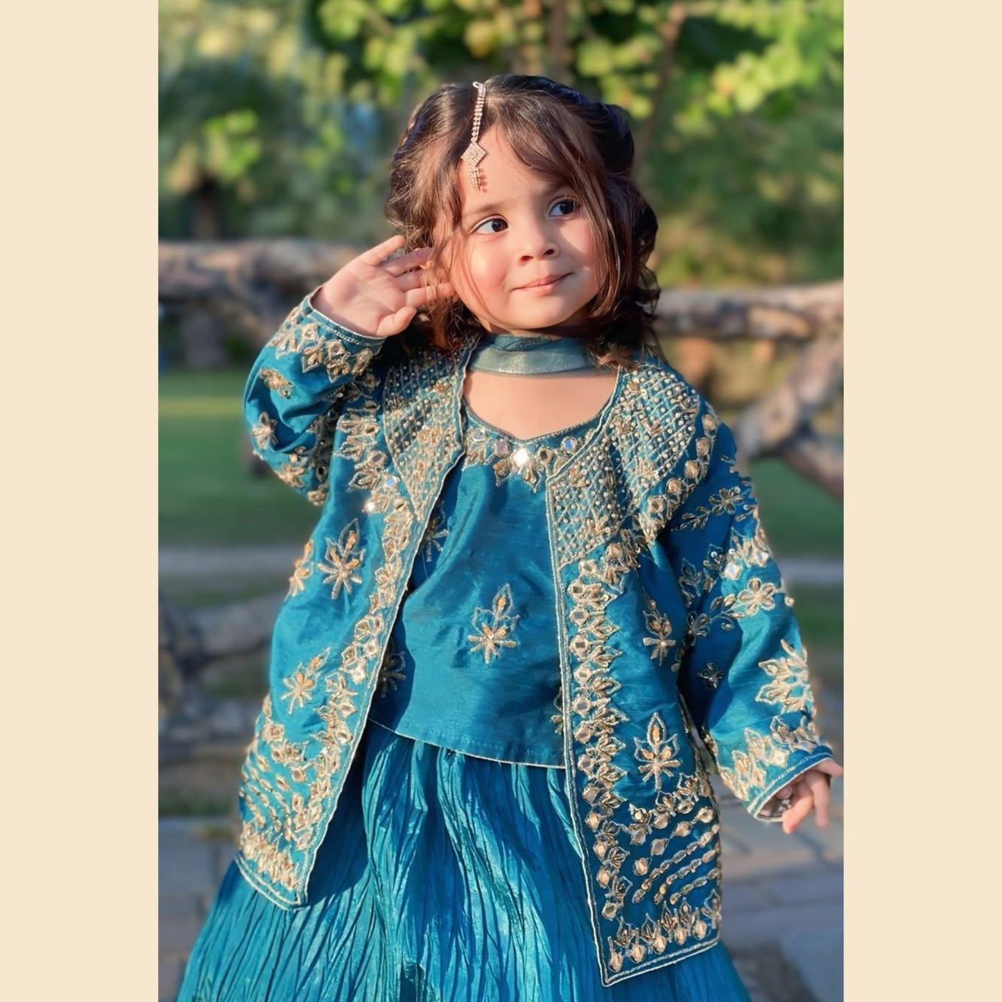 Premium Blue Lehenga – 4-Piece Katan Silk Outfit with Embroidered Gown & Crushed Flare