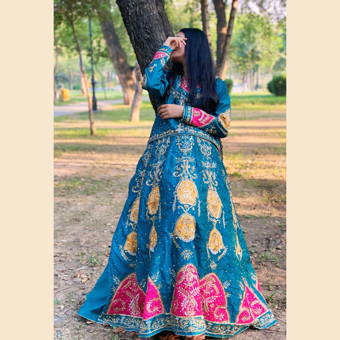 Handwork Embroidered Raw Silk Lehenga - 3P