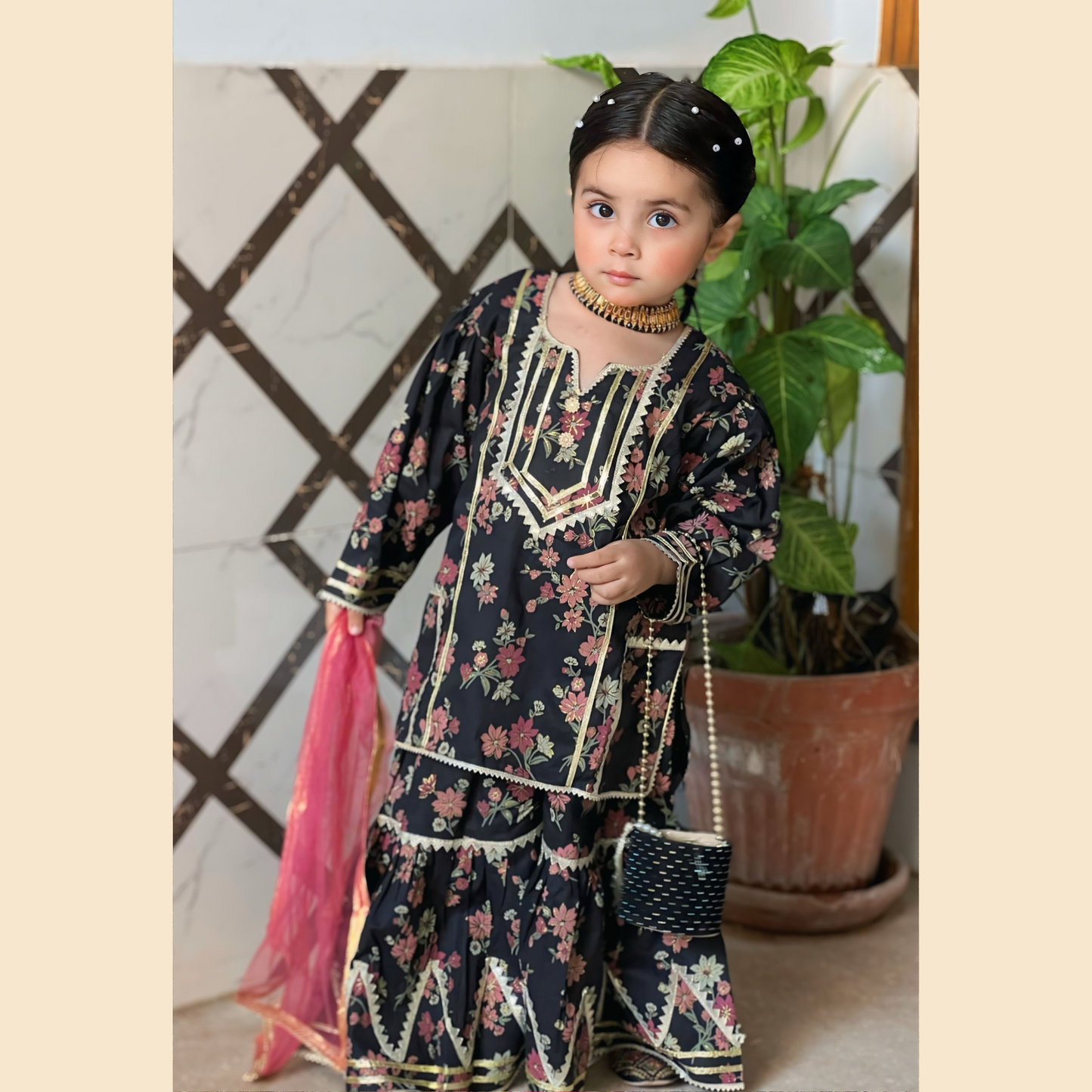3P Gharara Set - Black Blossom Block Printed with Samosa Lace