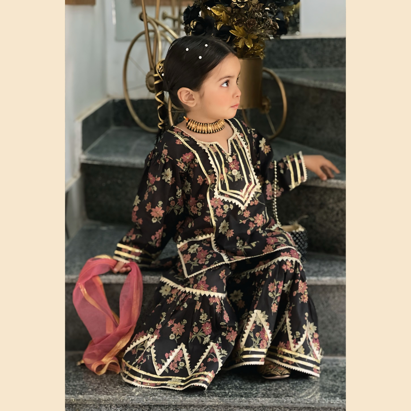 3P Gharara Set - Black Blossom Block Printed with Samosa Lace