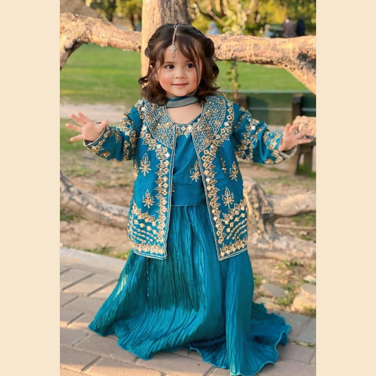 Premium Blue Lehenga – 4-Piece Katan Silk Outfit with Embroidered Gown & Crushed Flare