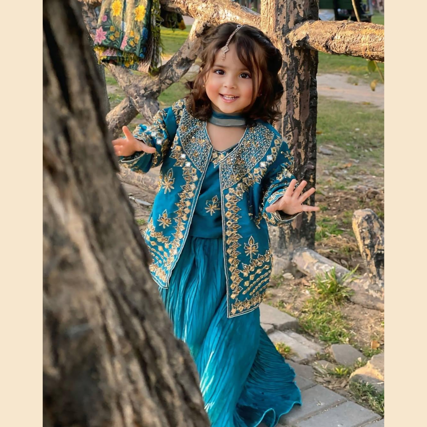 Premium Blue Lehenga – 4-Piece Katan Silk Outfit with Embroidered Gown & Crushed Flare