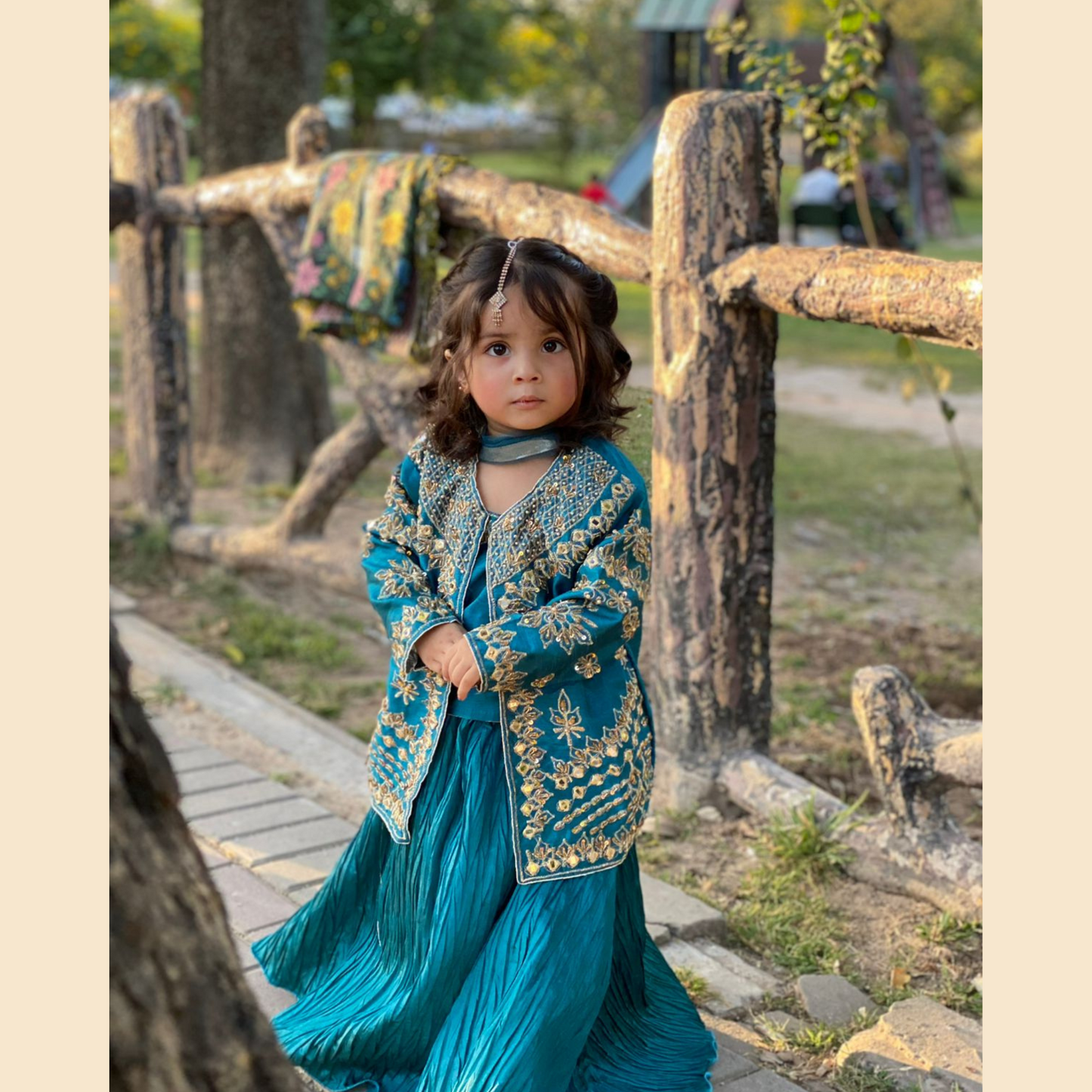 Premium Blue Lehenga – 4-Piece Katan Silk Outfit with Embroidered Gown & Crushed Flare