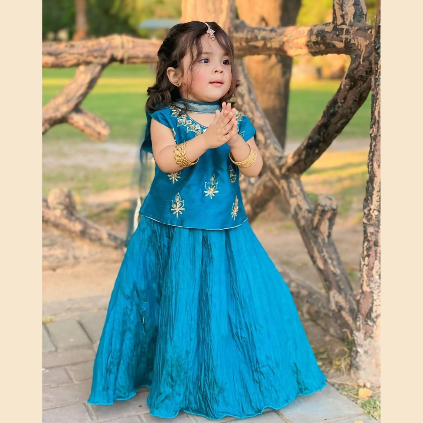Premium Blue Lehenga – 4-Piece Katan Silk Outfit with Embroidered Gown & Crushed Flare