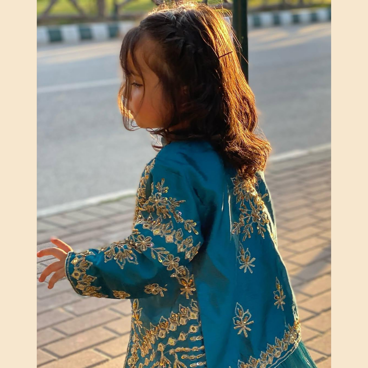 Premium Blue Lehenga – 4-Piece Katan Silk Outfit with Embroidered Gown & Crushed Flare