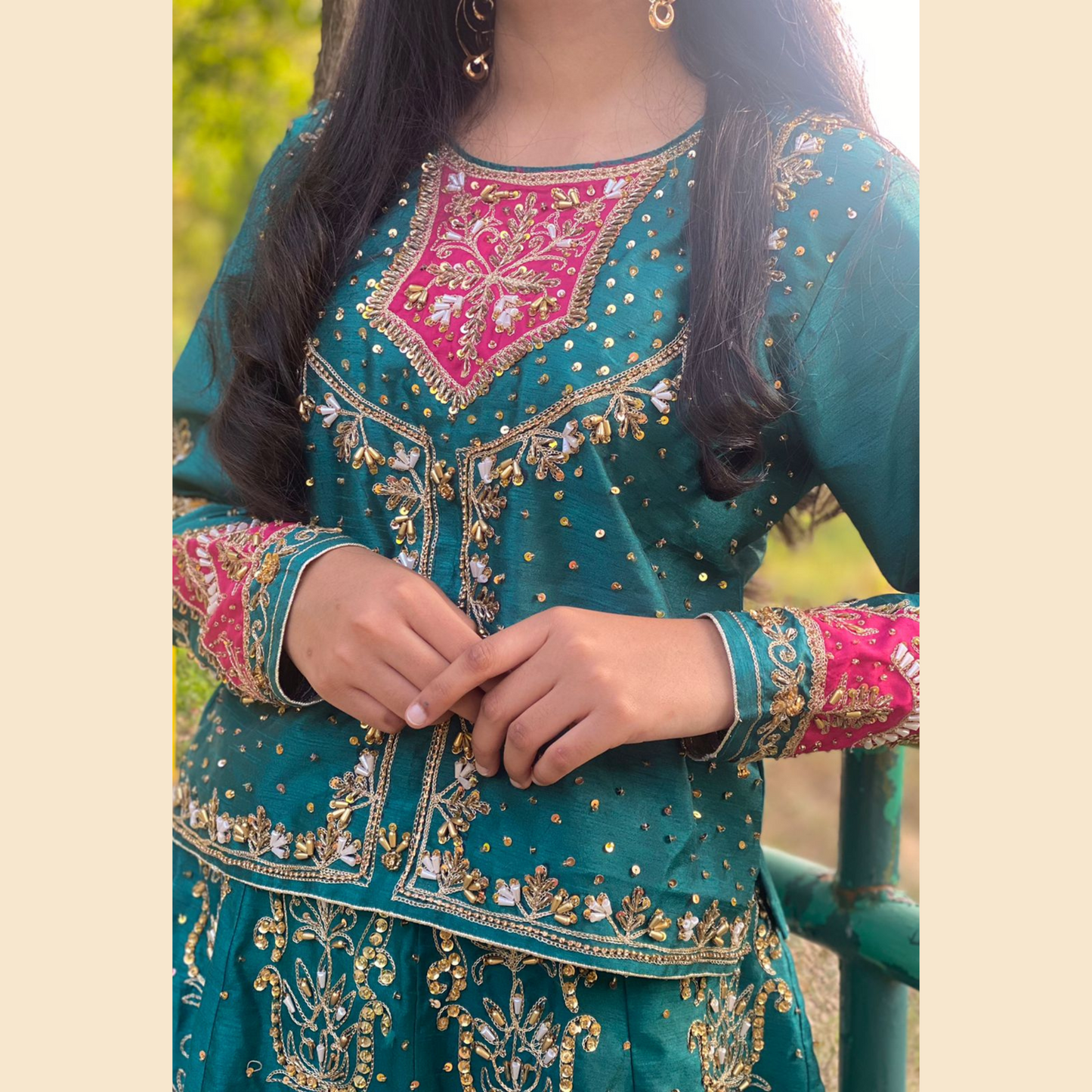 Handwork Embroidered Raw Silk Lehenga - 3P