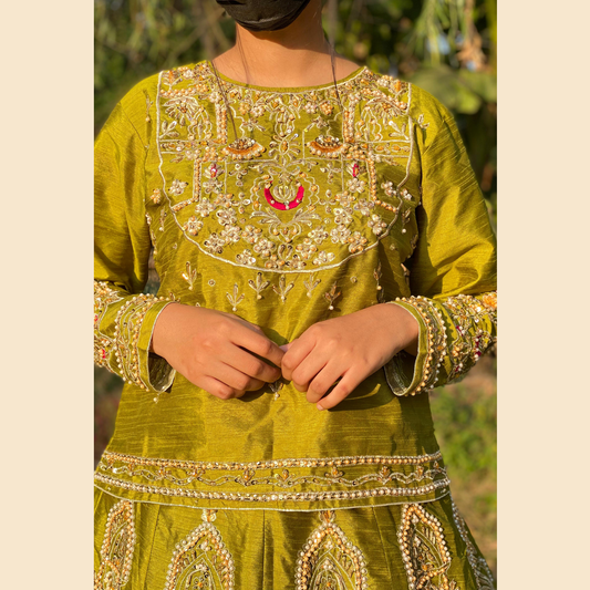 Luxury Olive Velvet Lehanga - Aplic Work Elegance