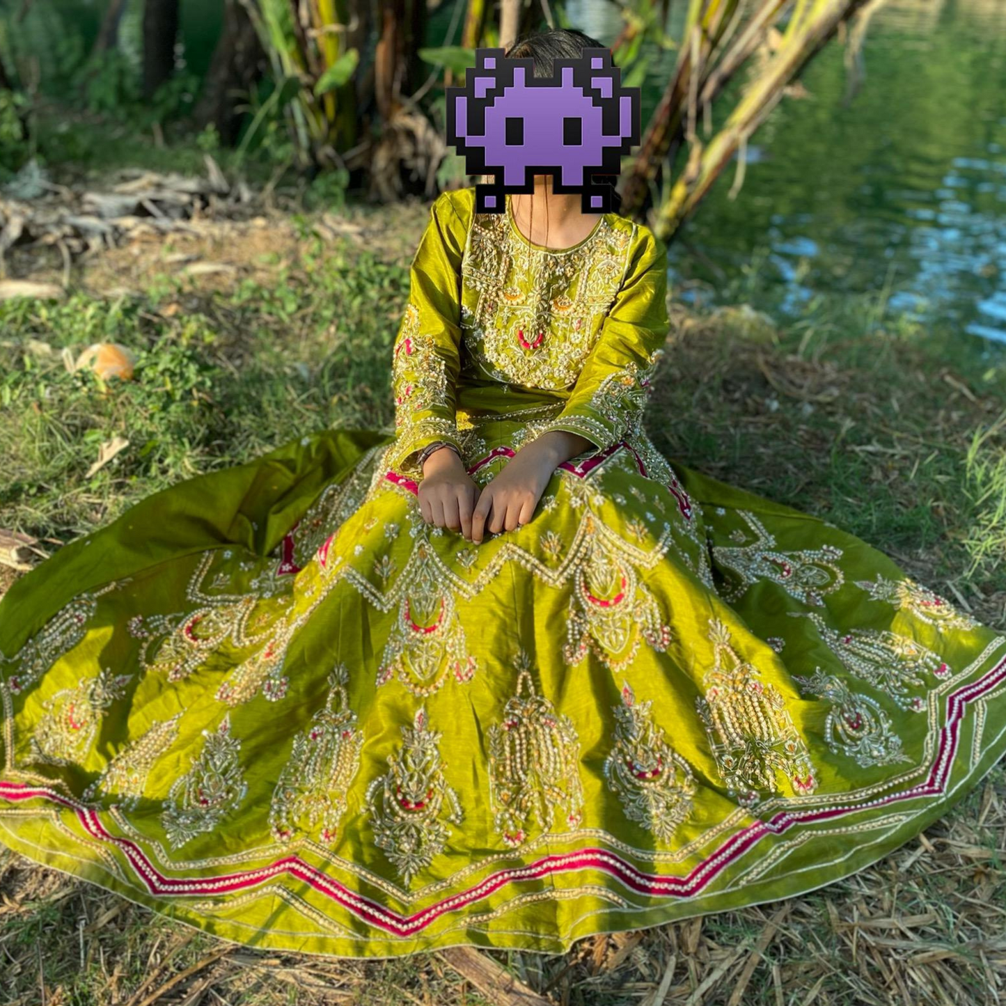 Luxury Olive Velvet Lehanga - Aplic Work Elegance