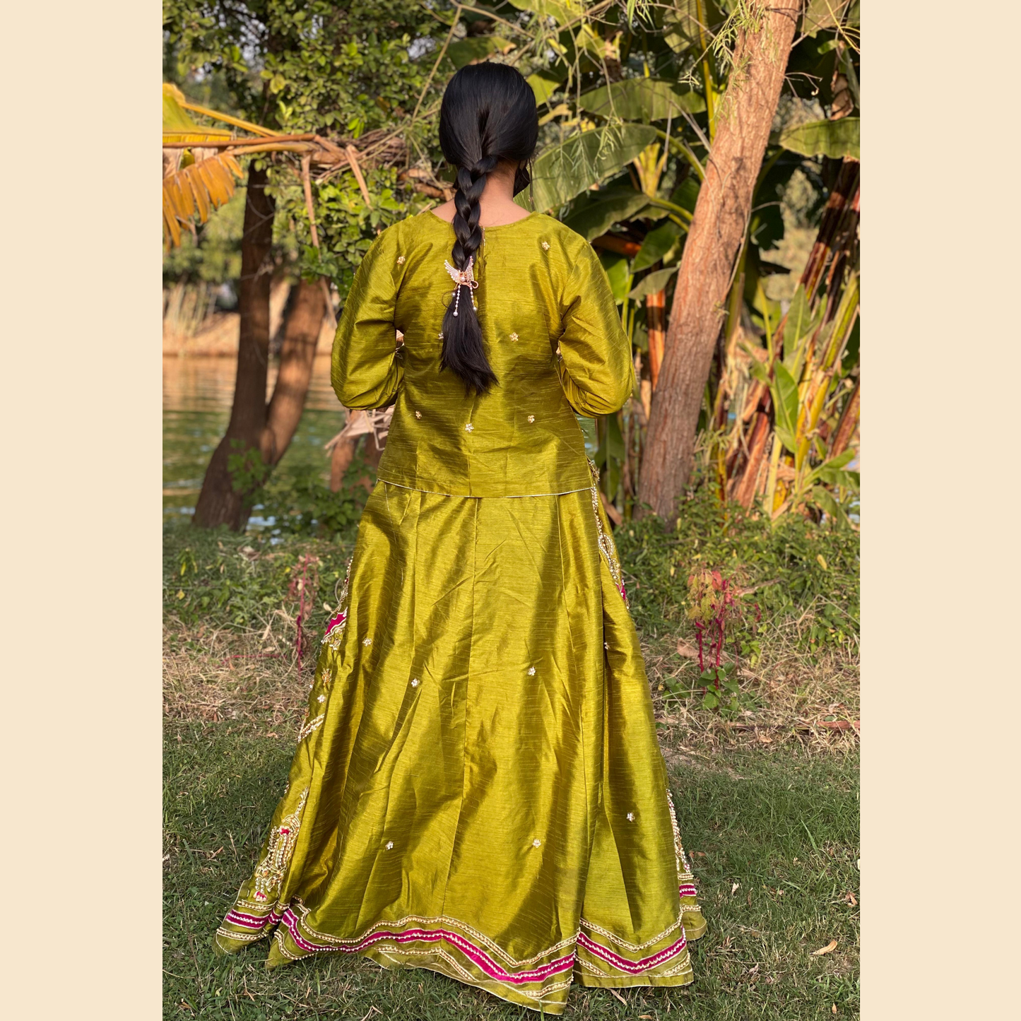 Luxury Olive Velvet Lehanga - Aplic Work Elegance