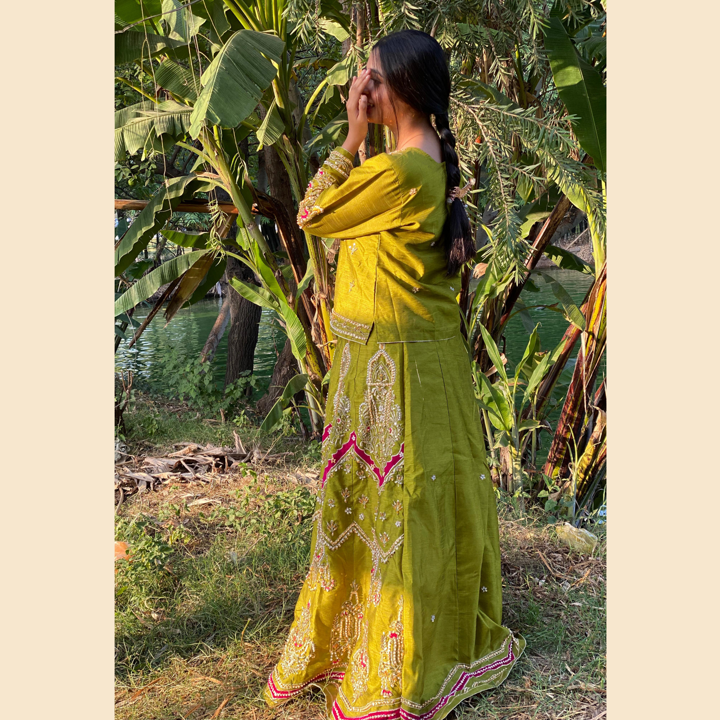 Luxury Olive Velvet Lehanga - Aplic Work Elegance
