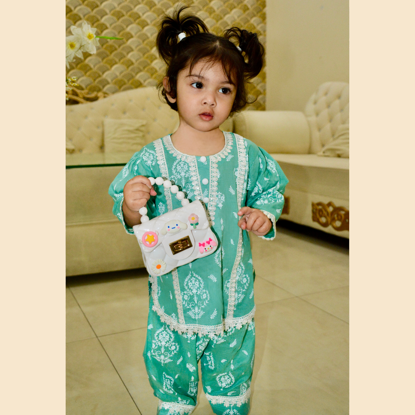 Sea Green Block Printed Farshi Shalwar 3P Set – Premium Lawn(Deen Textile)