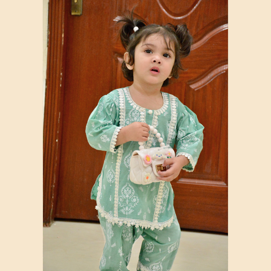 Sea Green Block Printed Farshi Shalwar 3P Set – Premium Lawn(Deen Textile)