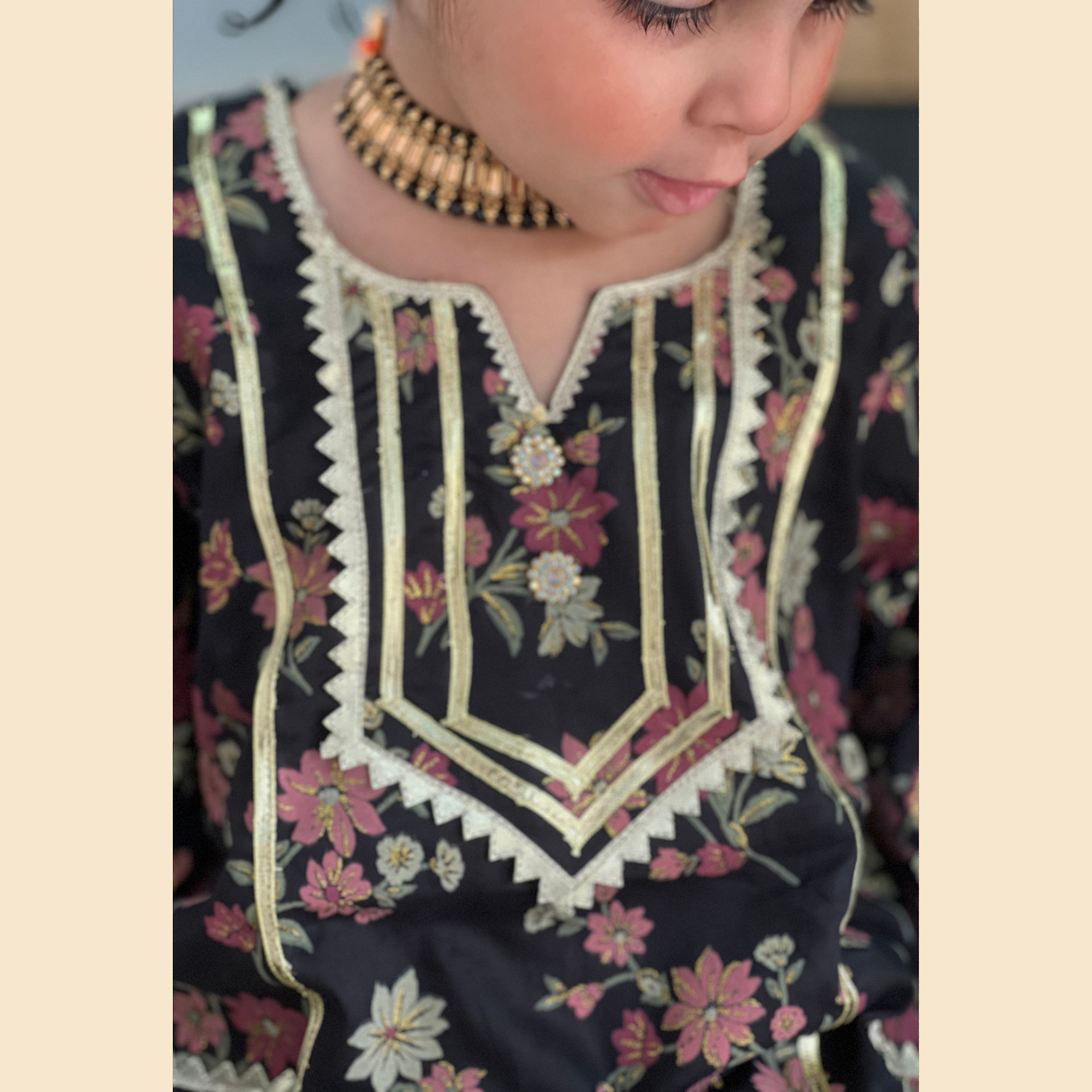 3P Gharara Set - Black Blossom Block Printed with Samosa Lace