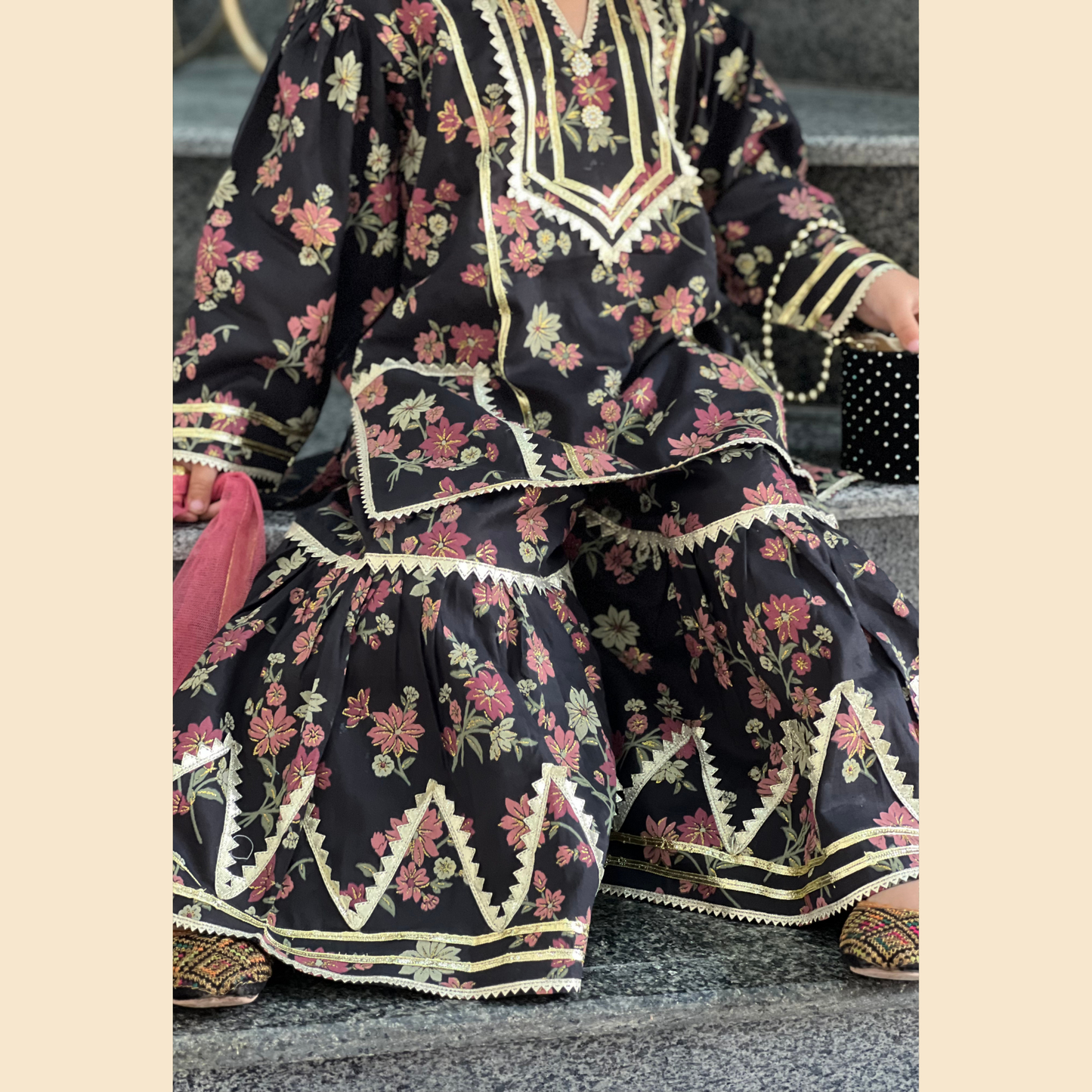 3P Gharara Set - Black Blossom Block Printed with Samosa Lace