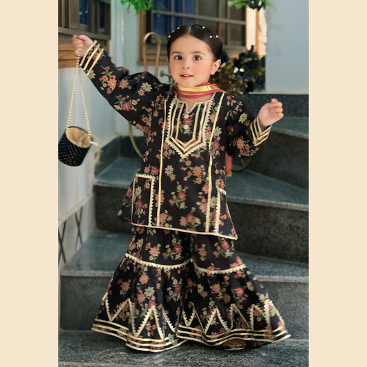 3P Gharara Set - Black Blossom Block Printed with Samosa Lace