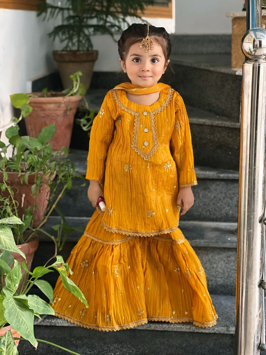 Mustard Gharara Set  – 3P Katan Silk Base with Golden Embroidery