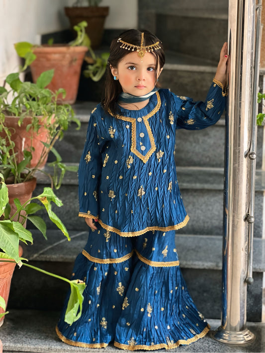 Zinc Gharara Set  – 3P Katan Silk Base with Golden Embroidery