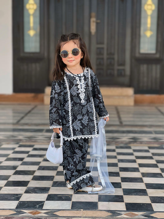 Black Printed Farshi Shalwar 3P Set – Premium Lawn(Deen Textile)