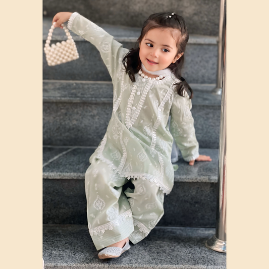 Pistachio Block Printed Farshi Shalwar 3P Set – Premium Lawn(Deen Textile)